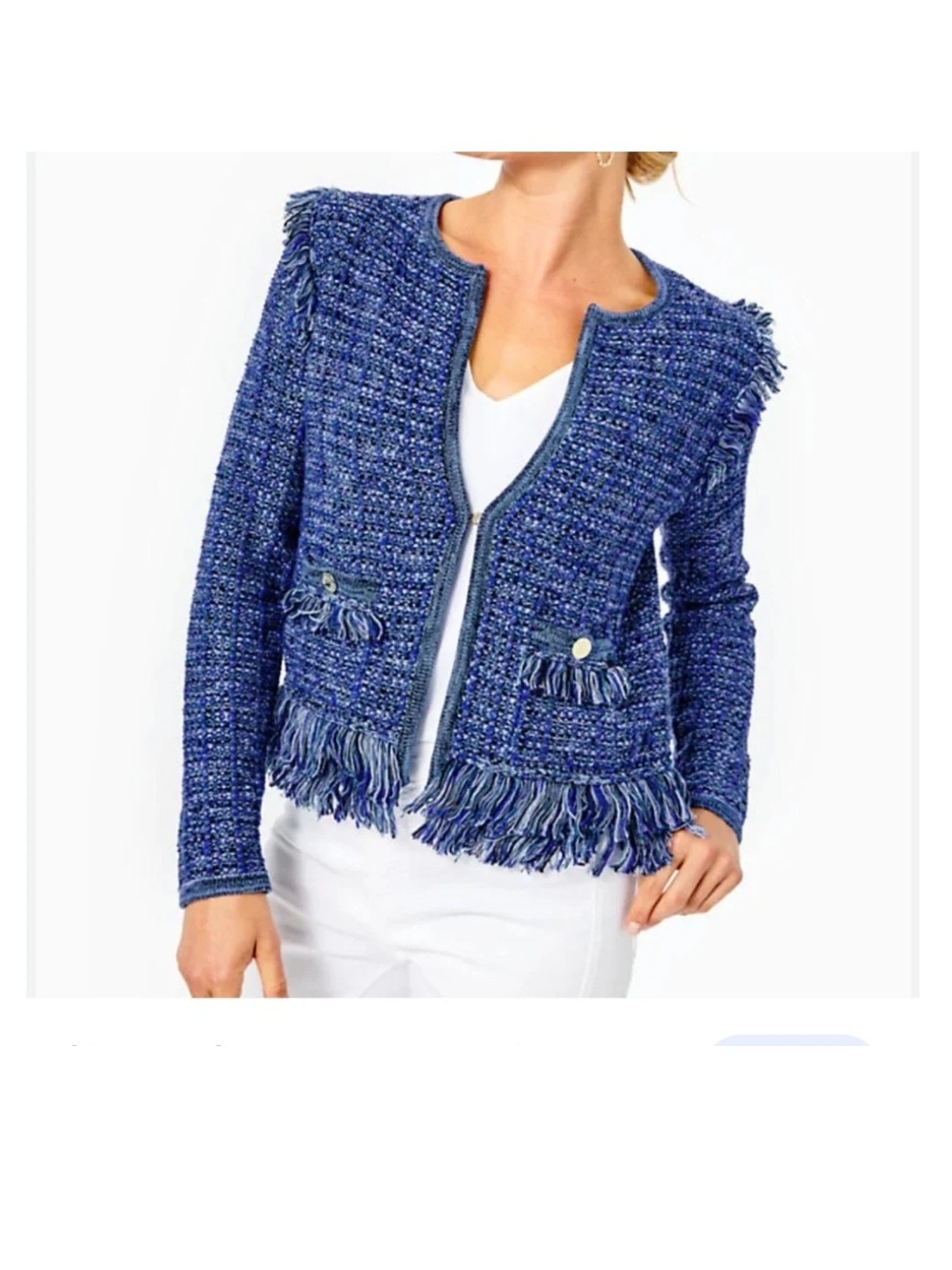 Lilly Pulitzer Blue Fringe Bouclé Jacket - Women's Classic Open Front Sz Small